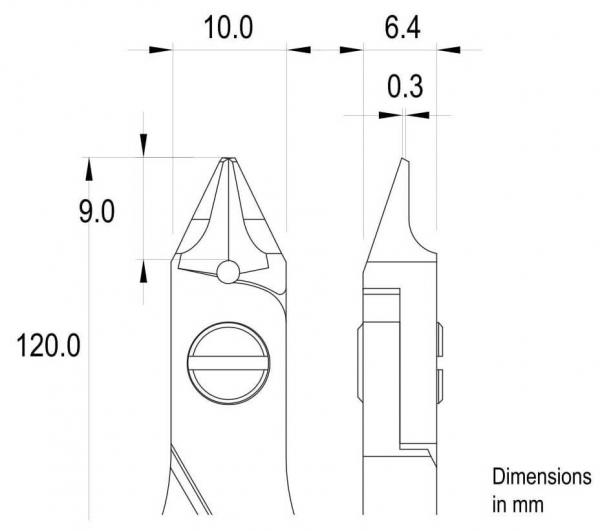 The image displays technical drawings of an object with dimensions. It includes various measurements in millimeters, including a height of 120 mm and widths of 10 mm and 6.4 mm.