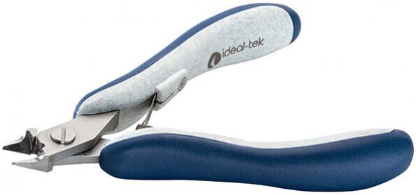 Es handelt sich um eine flache, zangenartige Schneidwerkzeug mit blauen, ergonomischen Griffen. Die Klingen sind scharf und leicht gebogen für präzises Schneiden.