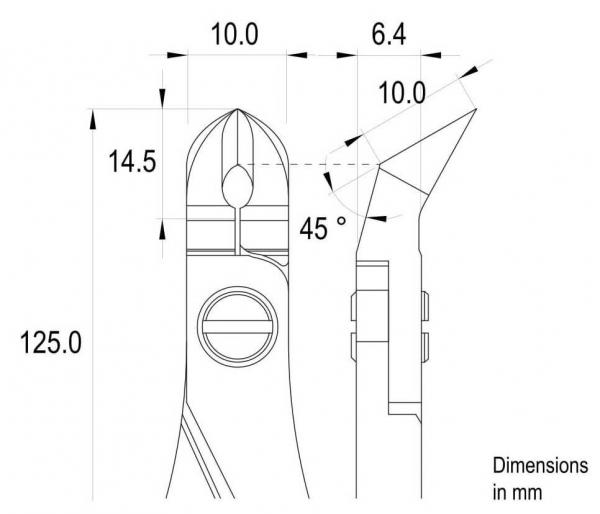 The image shows a technical drawing of a tool, likely a pair of pliers. Dimensions are provided, with a length of 125 mm and additional measurements in millimeters.