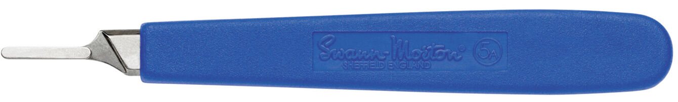 The image displays a tool featuring a blue, ergonomic handle and a narrow, metallic blade at one end. The top of the handle has embossed inscriptions.