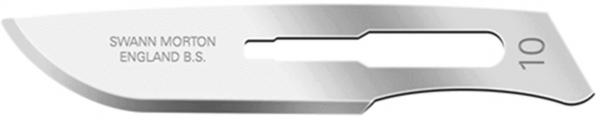 The image displays a sharp, metallic scalpel with a curved blade. It is labeled with "SWANN MORTON ENGLAND" and the number "10" on the blade.