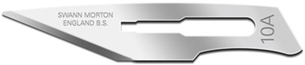 The image displays a silver, sharp blade with a pointed, slightly curved shape. On the blade, the words "SWANN MORTON," "ENGLAND," and the marking "10A" are inscribed.
