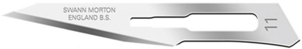 The image shows a sharp, silver blade with a pointed and thin shape. The words "SWANN MORTON ENGLAND" are engraved on the blade.