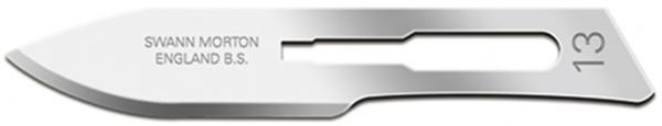 The image shows a sharp, wide blade made of stainless steel with a slightly curved edge. Manufacturer information and a number are stamped on the blade.