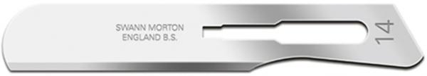 The image displays a scalpel-like, sharp, silver instrument with a straight blade and a handle featuring an opening. Details of the manufacturer and number are engraved on it.