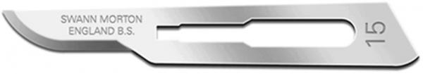 The image shows a surgical scalpel with a sharp, curved blade and a hole in the handle. It is silver-colored and appears precise and professional.