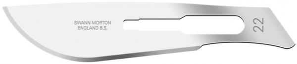The image shows a sharp, curved scalpel blade made of shiny stainless steel. It has a semi-circular edge and an opening in the handle area, engraved with the number 22.