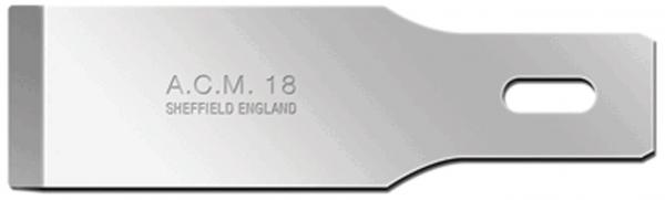 The image shows a shiny, metallic blade tool with a broad edge. It has an embossed inscription: "A.C.M. 18 SHEFFIELD ENGLAND" and a round hole at the handle end.