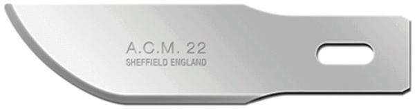 The image displays a shiny, narrow blade with a curved, sharp edge. The words "A.C.M. 22" and "SHEFFIELD ENGLAND" are inscribed on the blade. There is a hole on one side for the handle.