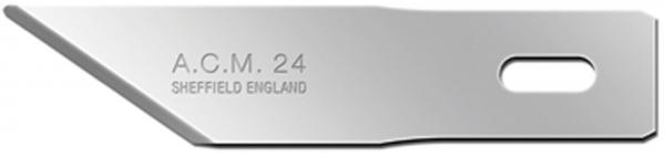 The image displays a sharp, flat metal blade. It features a beveled edge and a mounting hole. The blade is marked with "A.C.M. 24 SHEFFIELD ENGLAND".