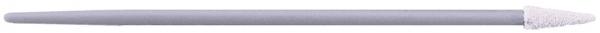 The image displays a slim, gray pen with a white, pointed cap. The pen is straight and has a smooth surface.