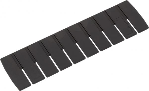 Das Bild zeigt eine schwarze Klaviertastatur mit zehn Tasten. Sie sind in zwei Gruppen unterteilt: weiße und schwarze Tasten, wobei die weißen breiter und die schwarzen schmaler sind.