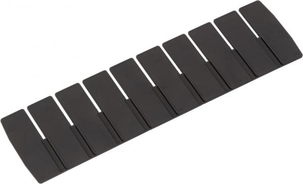 Das Bild zeigt eine schwarze, längliche Leiste mit zehn schmalen, rechteckigen Abschnitten. Die Abschnitte sind gleichmäßig angeordnet und leicht erhöht, was eine strukturierte Oberfläche schafft.