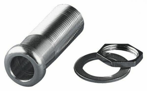 Das Bild zeigt ein metallisches Bauteil, eine zylindrische Verschraubung mit einem Schraubengewinde. Daneben liegen eine Unterlegscheibe und eine Mutter aus Metall.