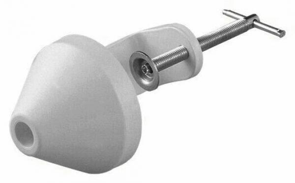 Das Bild zeigt ein einfaches, weißes Werkzeugteil mit einer konischen Form, das an einem Metallbolzen befestigt ist. Es hat eine zentrale Öffnung und eine Schraube zur Befestigung.
