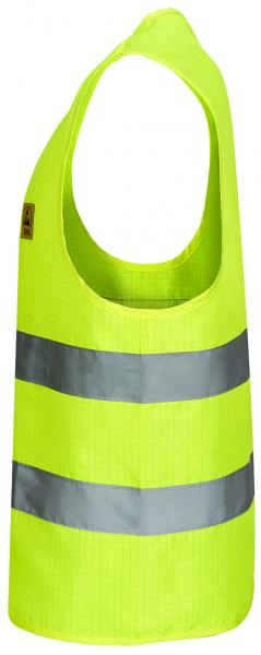 The image shows a brightly yellow warning vest made of a lightweight material. It has wide gray reflective stripes in the middle and along the top edge. The vest features large armholes.