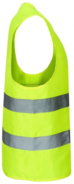 The image shows a brightly yellow warning vest made from a lightweight material. It has two horizontal, reflective stripes in the middle, ensuring safety.