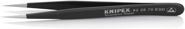 The image shows a black tweezer with narrow, pointed tips. It has a smooth, matte surface and is labeled with "KNIPEX" and a model number.