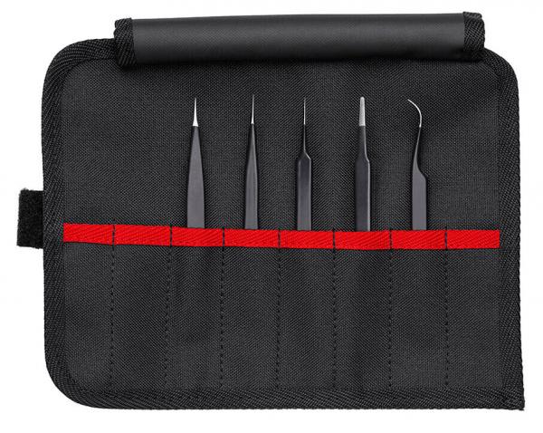 The image shows a black rolling bag with five fine, pointed tools. The tools are arranged in red holders and are made of a durable material.