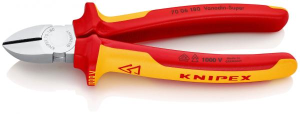 The image shows a red and yellow pliers with a narrow, flat tip. The handles are ergonomically shaped and are insulated for electrical protection. The brand "Knipex" is visible on the handles.