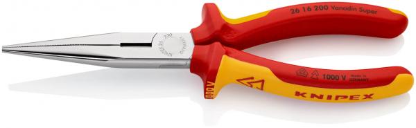 Es handelt sich um eine Zange mit langen, spitzen Backen. Die Griffe sind rot-gelb gefärbt und ergonomisch geformt. Auf der Zange steht der Markenname "KNIPEX".