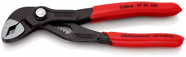 The image shows a black water pump pliers with red handles. It has an adjustable, serrated gripping surface and a sturdy screw mechanism. Ideal for grip-capable work.