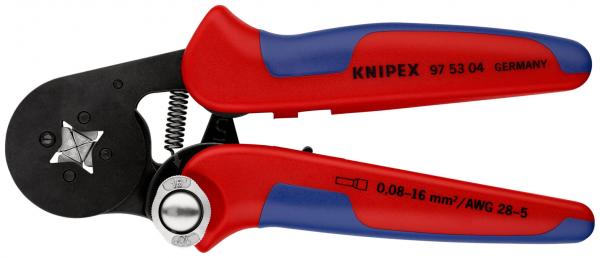 The image shows a cable cutter with red and blue handles. The cutting blades are black and have a serrated surface. Technical details are marked on the tool.