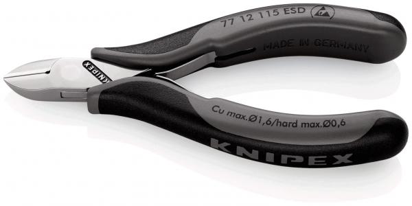 The image shows a side-closed pliers with short, pointed cutting edges. The handles are black with a smooth surface. The pliers belong to the Knipex brand.
