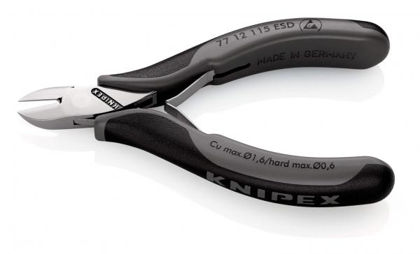 The image shows a pointed pair of pliers with a shiny cutting edge and ergonomic, black handles. On the pliers, it reads "KNIPEX" and other technical specifications.