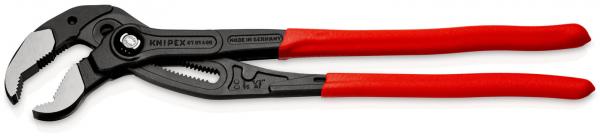 The image shows a combination pliers with long red handles and a black plier head. The plier jaws are serrated to provide better grip. It is suitable for gripping and holding.