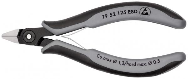 The image shows a small pair of pliers with gray, ergonomic handles. The cutting edges are pointed and sharp, ideal for precise tasks such as cutting wires.