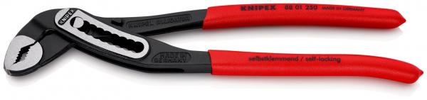 The image shows a pair of pliers with a black and red color combination. The handles are red and feature a non-slip surface. The pliers have a curved tip with serration for better grip.