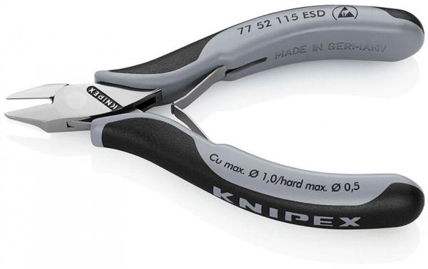 The image shows a precise pair of pliers with short, narrow tips and ergonomic, grippy rubber handles. It bears the brand "KNIPEX" and is designed for fine work.