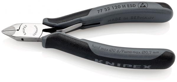 The image shows a pair of side cutters with gray, non-slip handles. The blades are made of shiny metal and have a pointed shape. The brand name and model number are embossed on the handles.