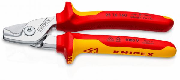 The image shows a red and yellow pliers with a chrome-plated head. The handles are ergonomically shaped and have a non-slip surface. The handles are labeled "KNIPEX" along with additional technical details.
