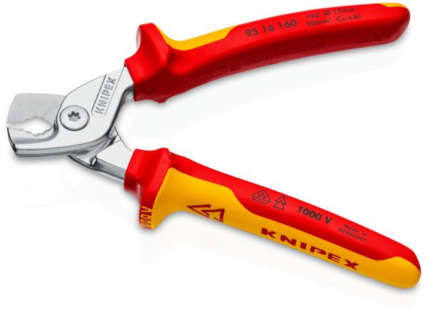 The image shows a pair of pliers with red-yellow plastic handles. The pliers have a smooth blade that looks sharp, and are suitable for electrical work. The manufacturer name "KNIPEX" is clearly visible.