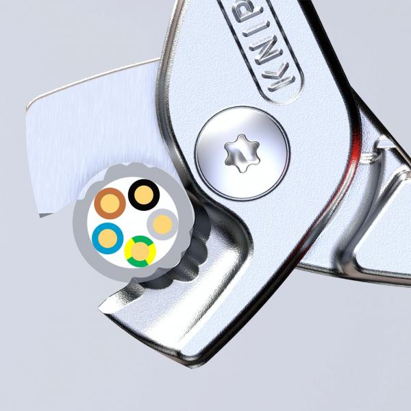 The image shows a shiny, silver pliers with a curved cutting head. In the foreground is a schematic representation of colorful, circular joints or connections.