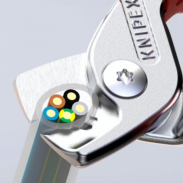 The image shows a pair of Knipex pliers gripping a cable with multiple colored wires. The pliers have shiny, metallic edges and a red handle.