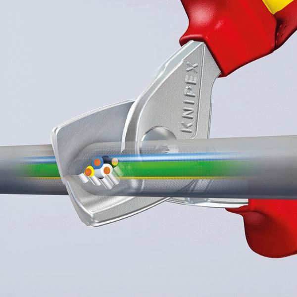 The image shows a high-quality cutting pliers severing a cable. The pliers have red handles and a silver blade cutting the cable in the middle.