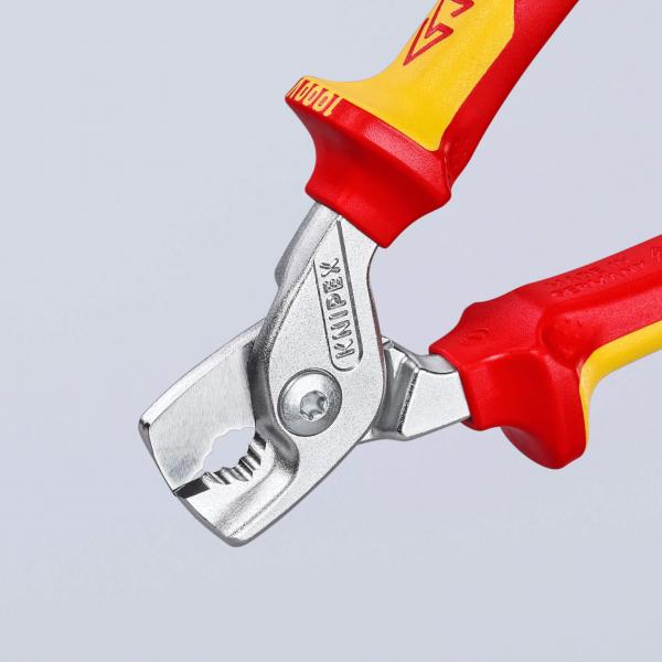 The image shows an insulated pliers with red and yellow handles. The pliers have a shiny, metallic cutting edge and a textured surface for gripping objects.