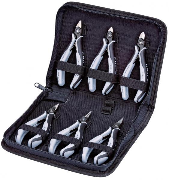 The picture shows a black case with a zipper, containing five different pliers. The pliers have gray handles and are neatly arranged in the case.