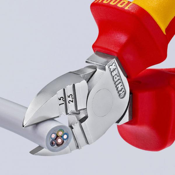 The image shows a pair of pliers with red and yellow handles. The cutting edge is made of silver metal and has marked sizes (1.5 and 2.5) as well as small, colored wires inside.