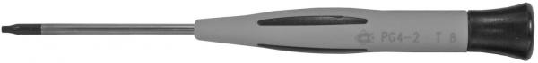 The image shows a screwdriver with a gray handle and a black, round end. The blade is long, slender, and has a special shape for screws with a specific slot.