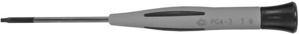 The image shows a screwdriver with a gray, non-slip handle and a long, metallic blade. The blade has a special shape for Torx screws.