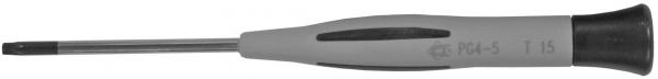 The image shows a screwdriver with a narrow, long metal handle and a rubberized, black-gray grip. The tip is rectangular and suitable for screws.