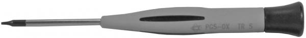 The image shows a screwdriver with a gray handle and a long, slender metal tip. The handle has a smooth surface and a special shape for better grip.