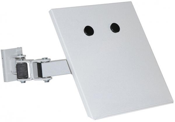 Das Bild zeigt eine schlichte, graue Wandhalterung mit einer flachen, rechteckigen Platte. An der Platte sind zwei runde Löcher. Die Halterung ist schwenkbar und stabil.
