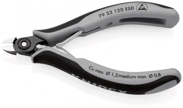 The image shows a black and gray electric cutting pliers. It features ergonomic handles and a serrated, sharp blade for precise cutting of cables and wires.