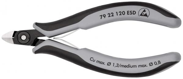 The image displays a small pair of pliers with ergonomic, non-slip handles in black and gray. The cutting surfaces are narrow and precise, ideal for cutting thin wires.