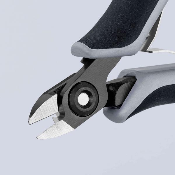The image shows a pair of pliers with sharp, metallic blades. The handles are ergonomically designed and covered with black rubber, providing a stable grip.